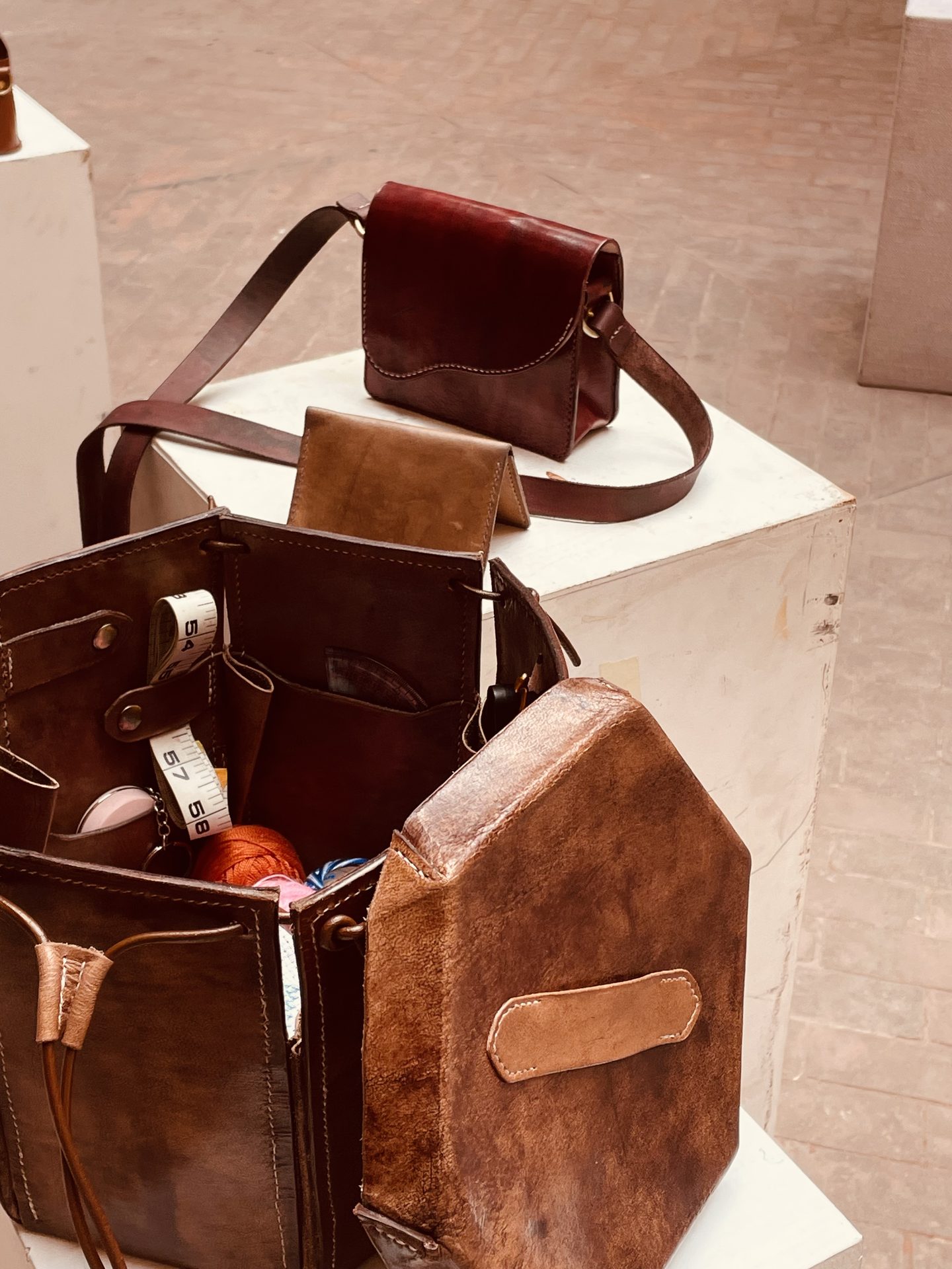 Open bucket bag on display, close detail