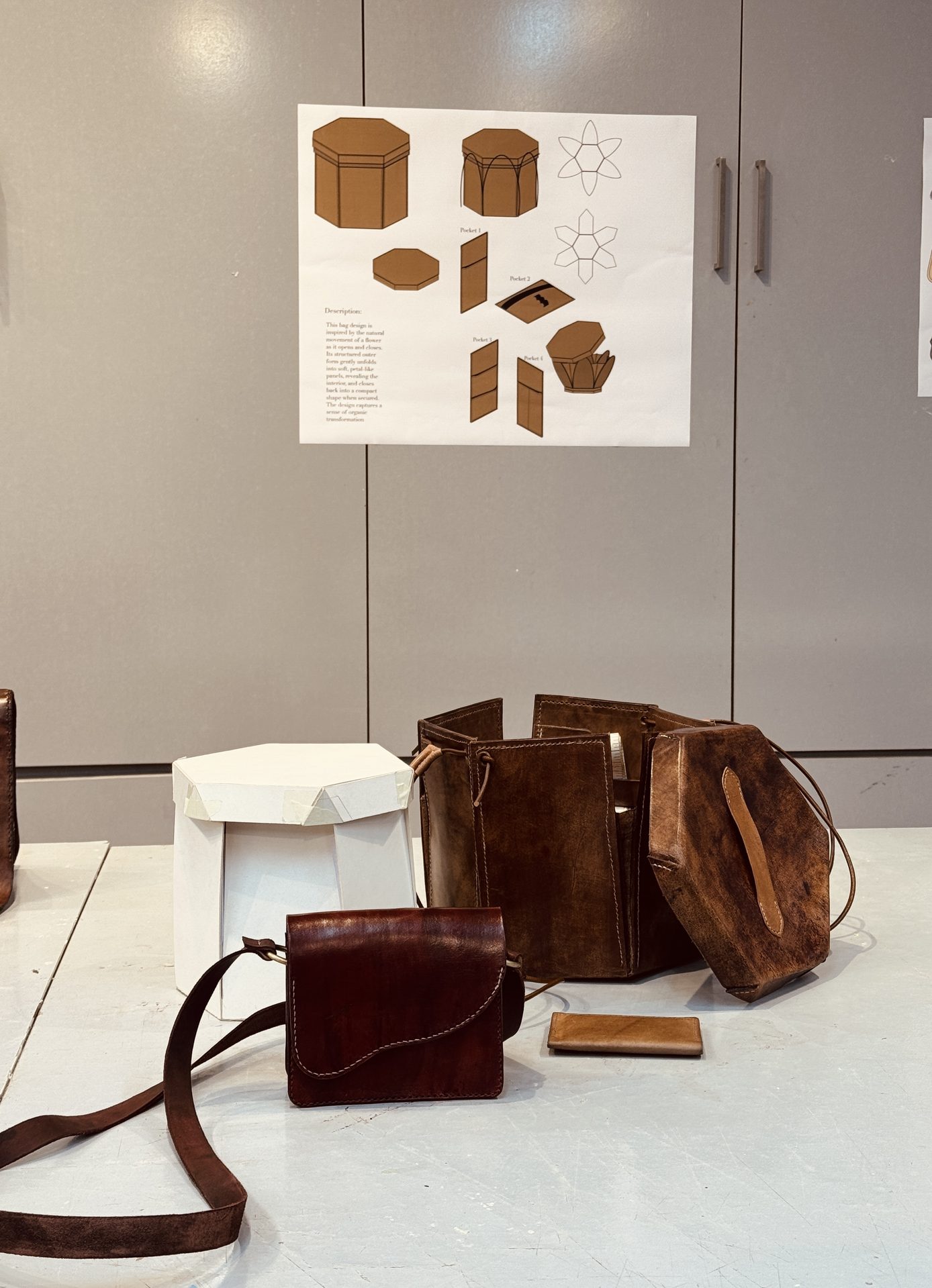 Wide studio display of the leather collection with concept board