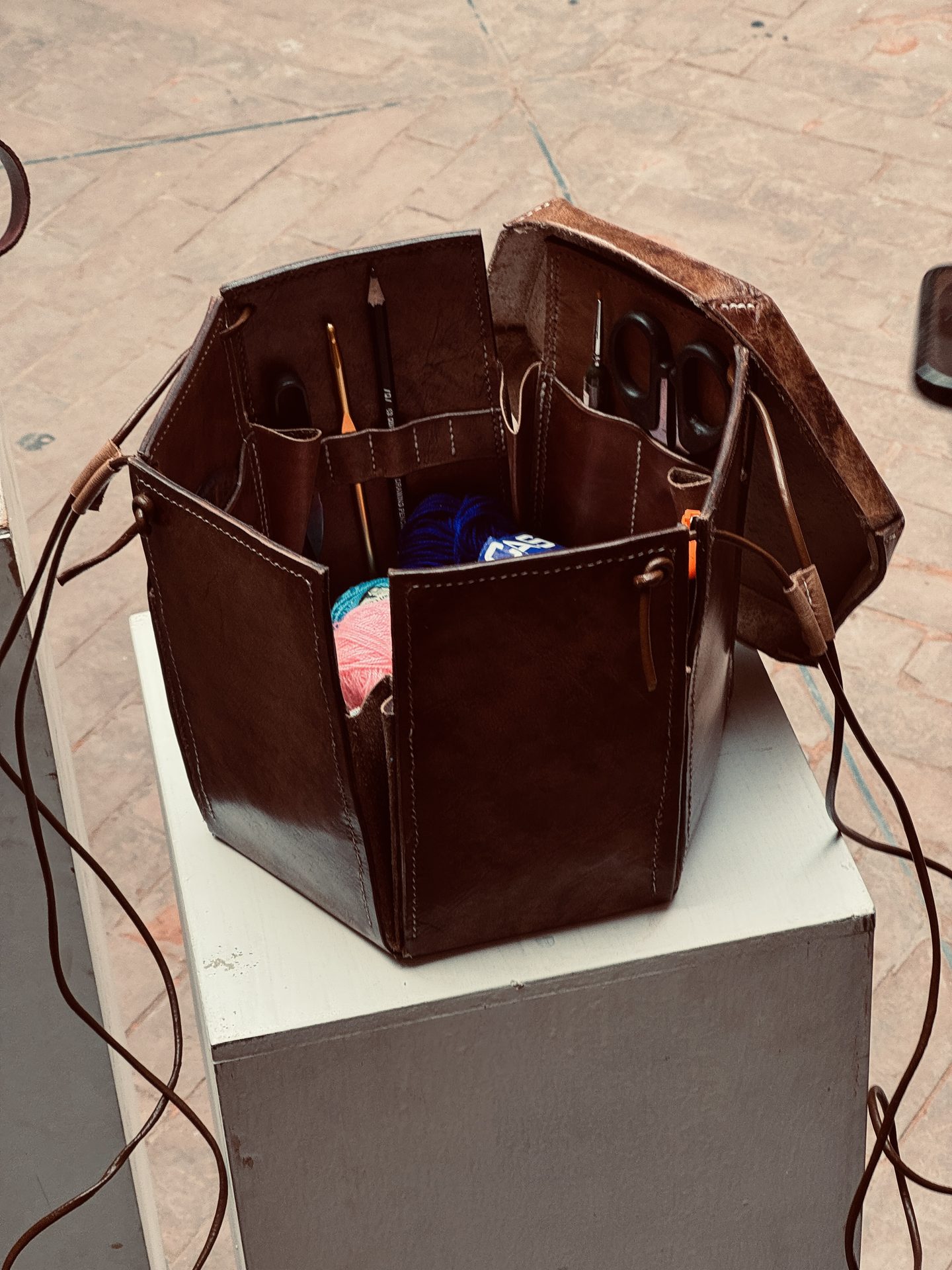 Interior view of bucket bag during construction