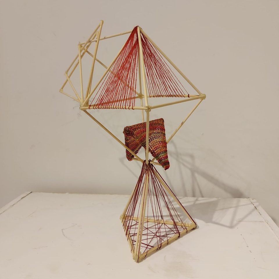 Bamboo and thread kinetic structure, angled view