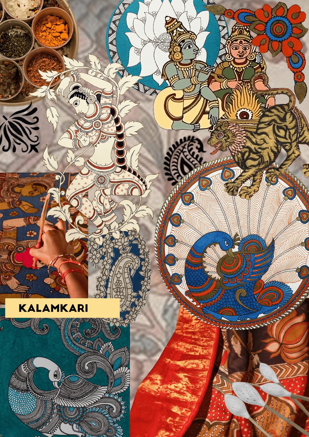 Kalamkari moodboard with traditional Indian motifs