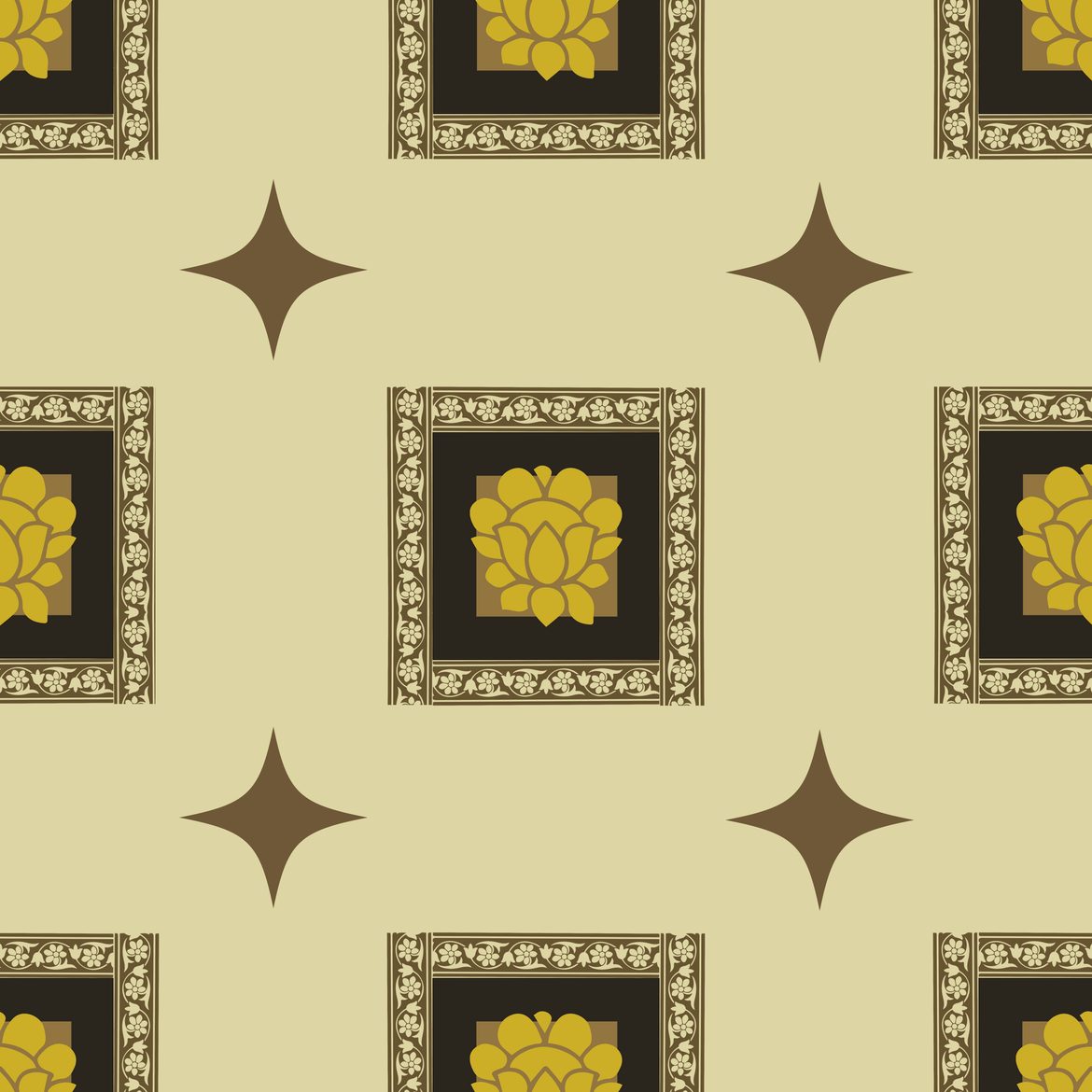 Repeating composition with gilded lotus framed motif