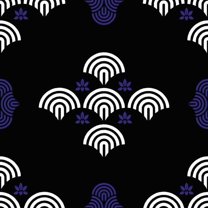 Final scalloped motif in white and indigo on black