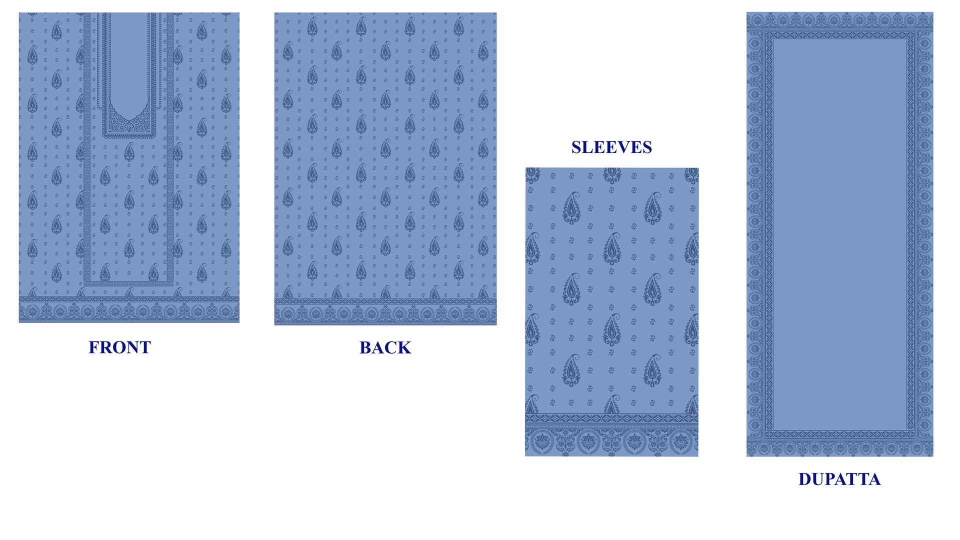 Cornflower blue paisley print layout for the three-piece suit