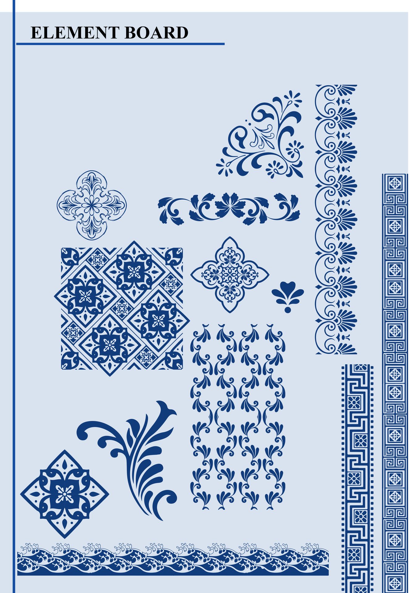 Element board of porcelain motifs and borders