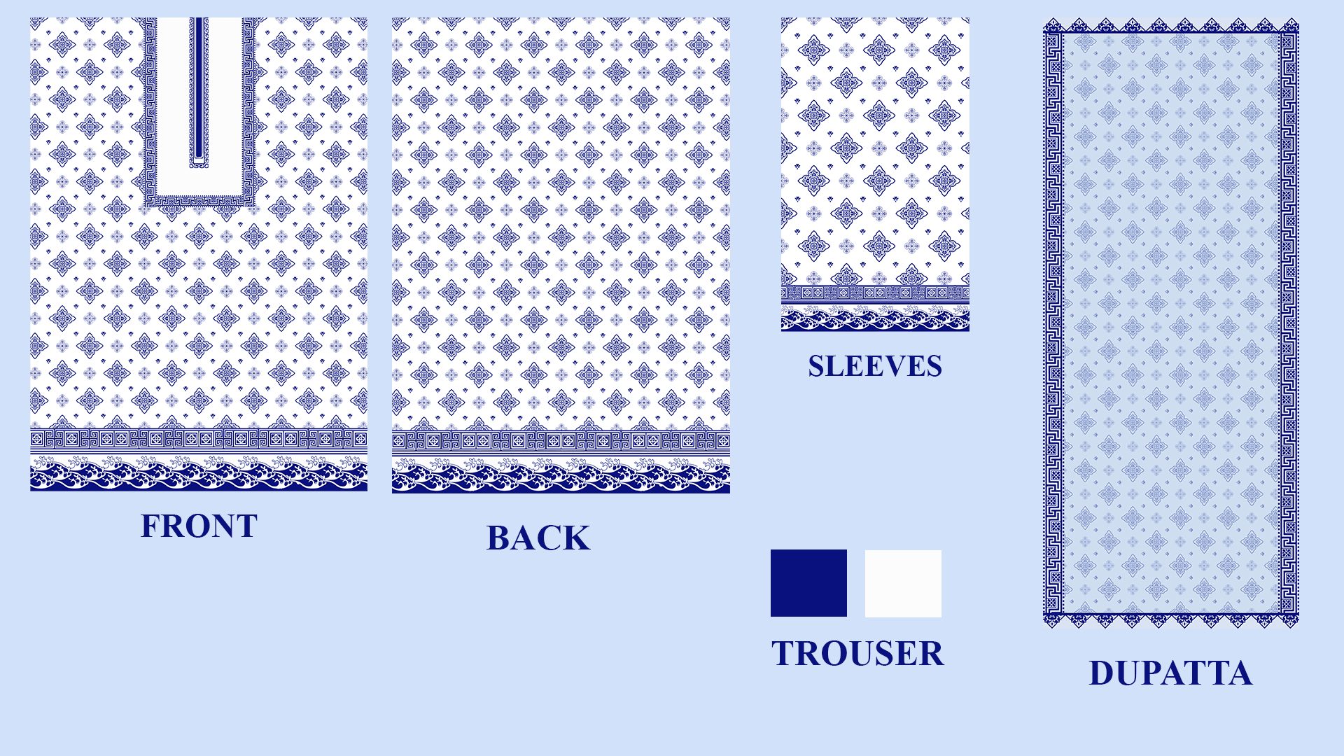 Porcelain suit print layout: front, back, sleeves, trouser and dupatta