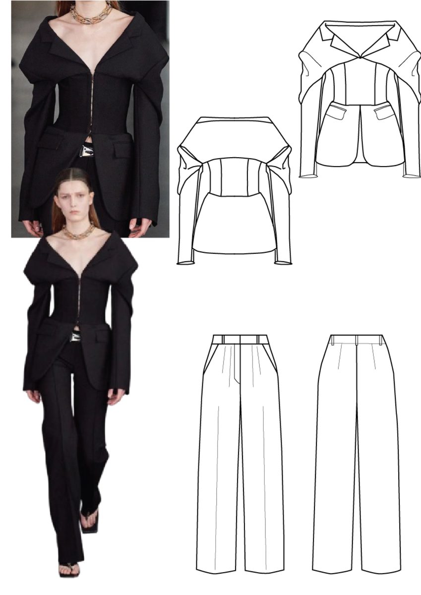 Technical flats of an off-shoulder jacket and trousers