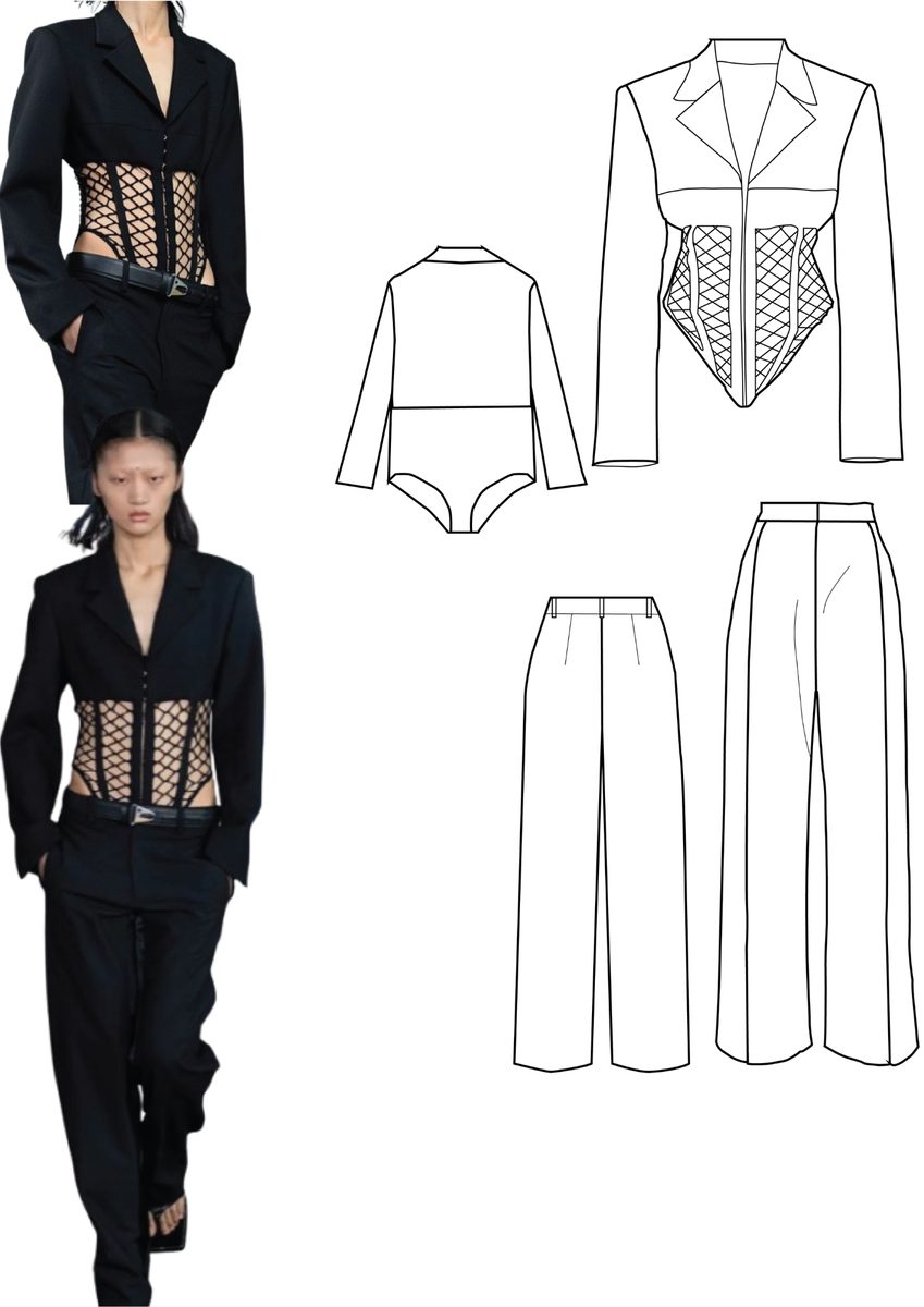 Technical flats of a corset jacket-bodysuit and trousers