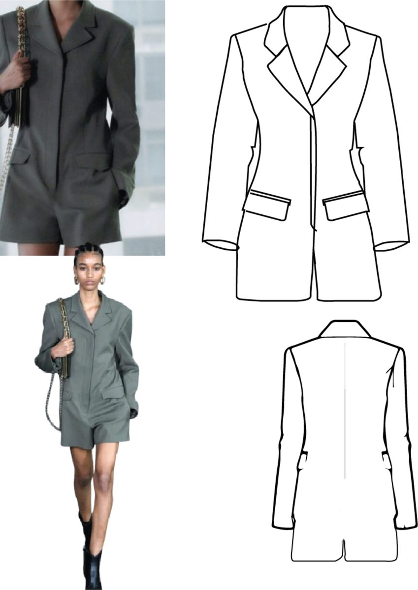 Technical flats of a tailored blazer romper