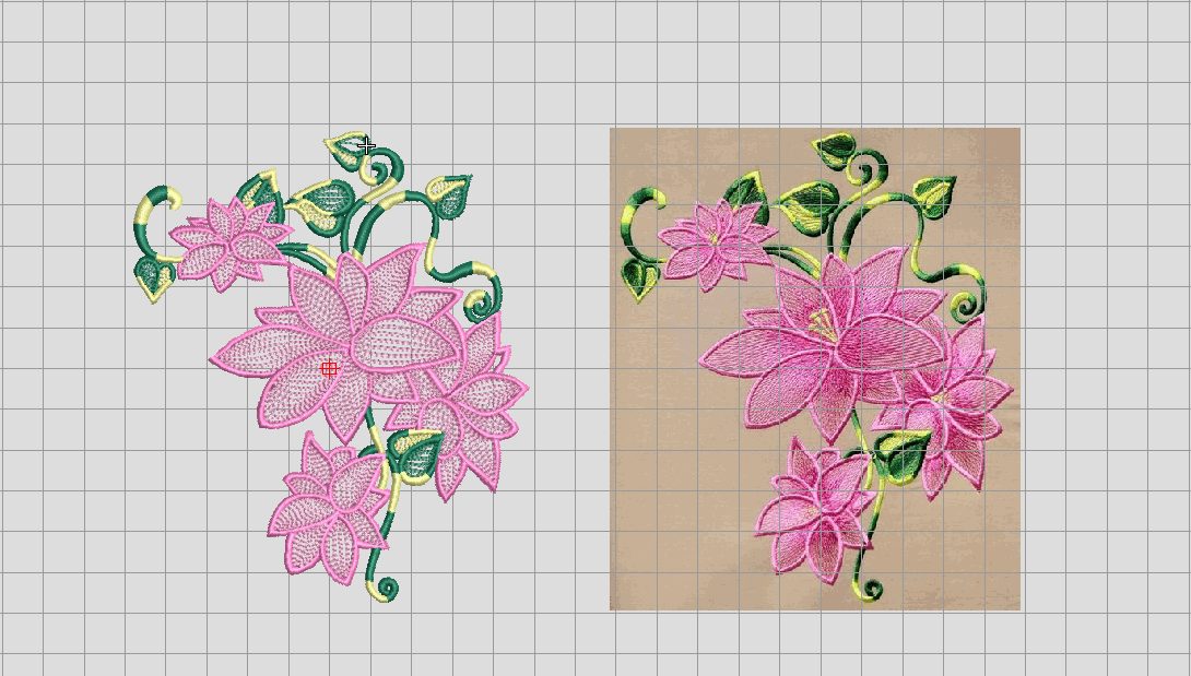 Wilcom digitised lotus spray on the embroidery canvas with fabric preview