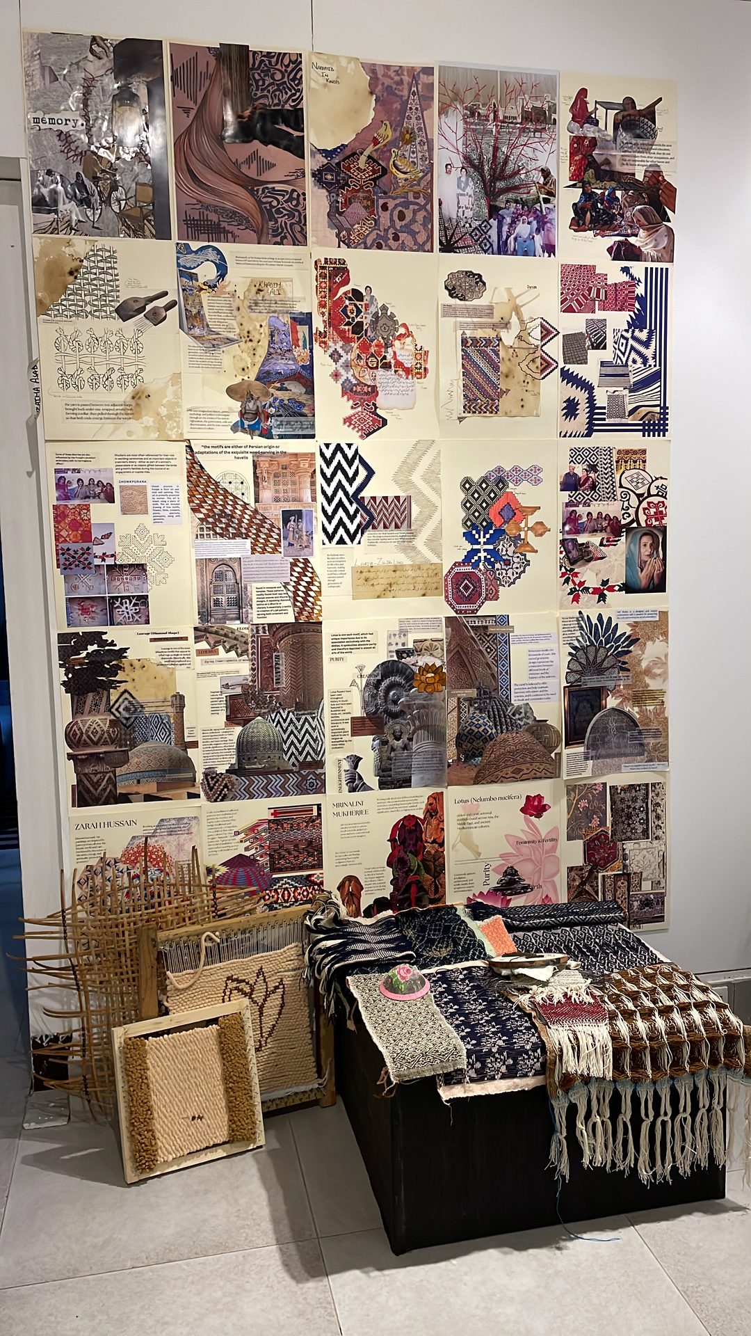 Mood board of fabric swatches and colour references