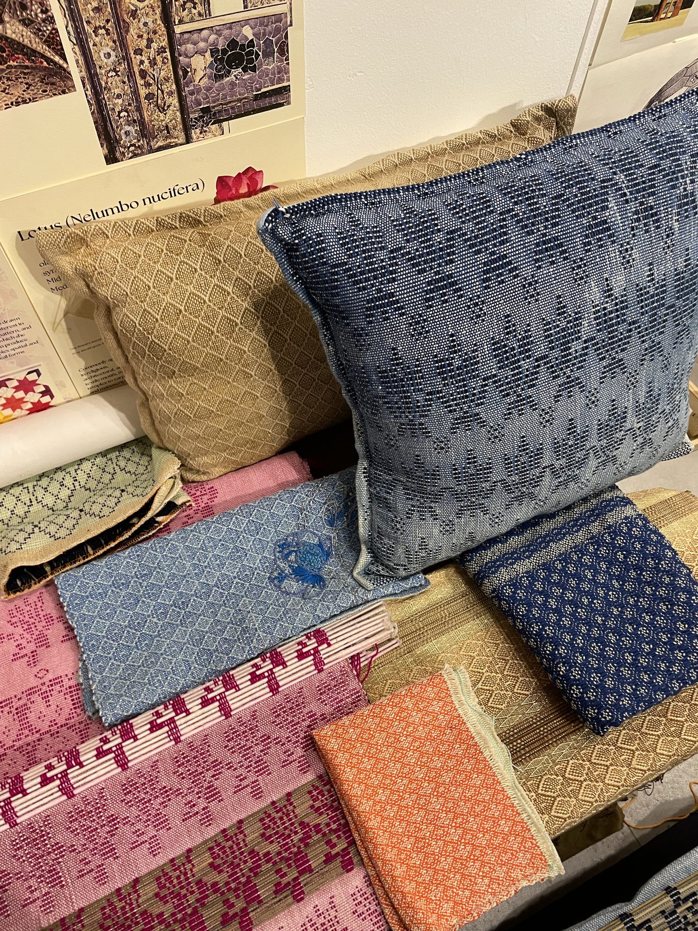Stack of woven swatches and cushions
